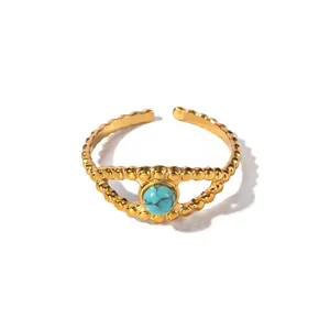 Luxury Jewelry 18K Gold Plated Eyes Ring Stainless Steel Turquoise Stone Evil Eyes Open Rings for Women