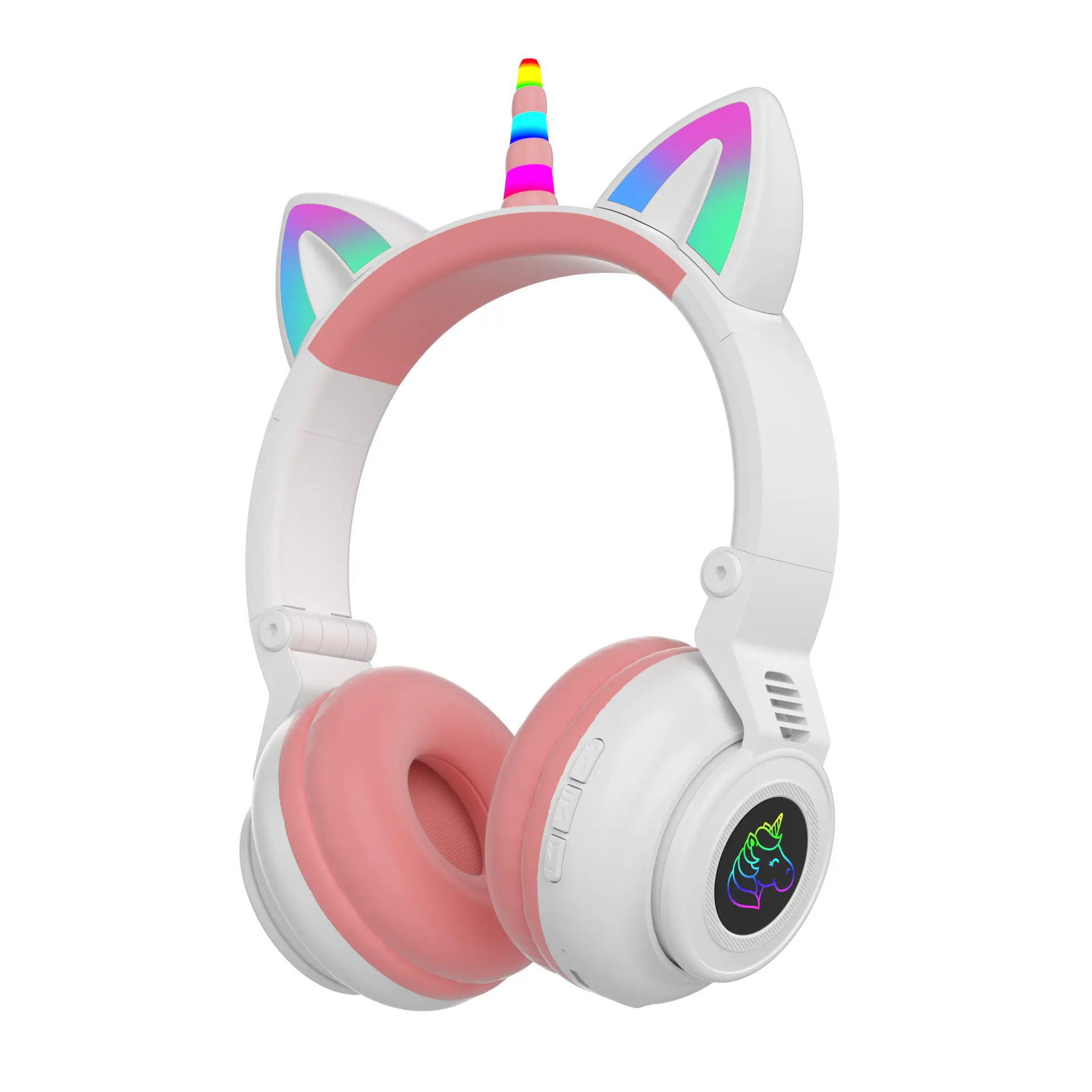 Pink Unicorn Earphones Kids with LED Wireless Bluetooths Glowing Headphone Cat Ears 3.5mm On Ear Audio Headset for kids
