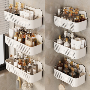 Wall Mounted Bathroom Storage Rack <b>Rectangular</b> 3 Tier With Hooks For Toiletries Shampoo Soap Organizer White - Product Image 1
