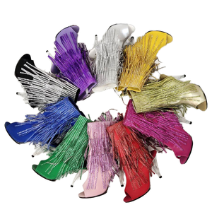 Nuevas Botas de Tacón Fino de PU con Cremallera y Punta Abierta de 10 cm con Pedrería de 4 Pulgadas para Baile en Barra, Estilo Reina de la Noche, Ideales para Verano - Product Image 1