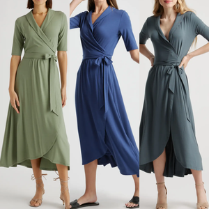 Abito Midi Estivo Personalizzato da Donna in Jersey con Colletto Avvolgente, Motivo Tinta Unita, Vita <span class=keywords><strong>Naturale</strong></span>, Produttori di <span class=keywords><strong>Abbigliamento</strong></span> per l'Autunno - Product Image 2