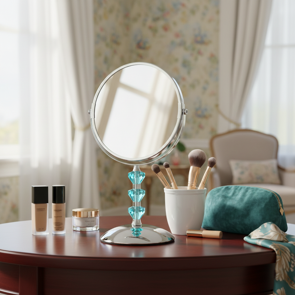 Clear Arylic With Metal Tabletop Makeup Mirror 360 Rotating Double-Sided Without Light Perfect for Dressing Room, Bathroom Use