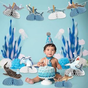 Décorations de <span class=keywords><strong>table</strong></span> d'<span class=keywords><strong>anniversaire</strong></span> sur le thème du requin, centres de <span class=keywords><strong>table</strong></span> en nid d'abeille requin, thème océ<span class=keywords><strong>an</strong></span> sous-marin, décorations de baby shower requin - Product Image 4