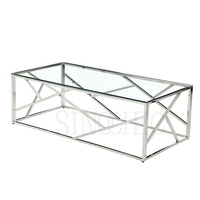 Table basse en verre trempé transparent design avec pieds et étagère en acier inoxydable doré antirouille