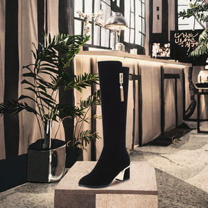 Nouvelles bottes hautes pour femmes automne/hiver avec fermeture éclair et semelle intérieure en PU, talon épais à bout pointu, noires - Product Image 2