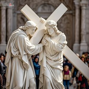 Sculpture en marbre blanc de Jésus, grande et célèbre, représentant la cinquième station de la Via Crucis, <span class=keywords><strong>Simon</strong></span> aide Jésus à porter la croix, sculpture de la 14e station - Product Image 4