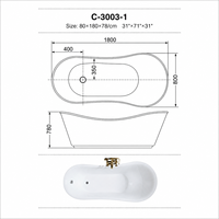 Bañera Independiente Tipo Slipper, Acabado Brillante en Negro y Blanco, para Baños de Hoteles Boutique, 180 cm