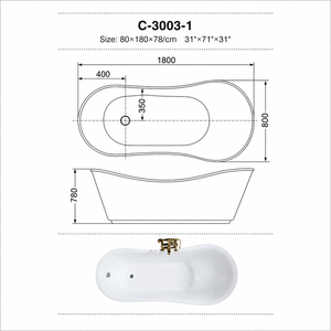 Bañera Independiente Tipo Slipper, Acabado Brillante en Negro y Blanco, para Baños de Hoteles Boutique, 180 cm - Product Image 3