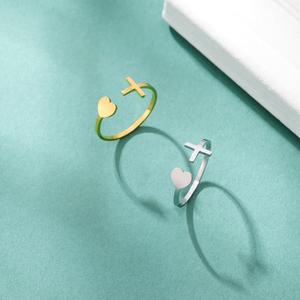 Anillo Abierto de Acero Inoxidable AOFEI con Dijes de Corazón y Cruz, Joyería Minimalista Inspirada en la Fe, Chapado en Oro de 18K PVD - Product Image 3