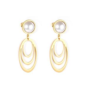 Pendientes de Perlas con Baño de Oro de 18K y Acero Inoxidable, Pendientes Colgantes de Aro Ovalado Doble con Perlas Redondas para Mujer - Product Image 1