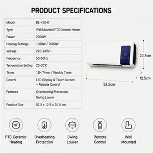 Chauffage mural compact intelligent en céramique PTC 1000W/2000W pour intérieur avec écran LED, télécommande tactile et éclairage pour une ambiance cosy - Product Image 6