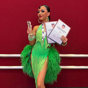 Gaun Tari Latin Vennystyle Custom Made Spandex/Katun Berhias Rhinestone, Bulu, dan Rumbai untuk Ballroom, Rumba, Chacha, Samba, dan Pertunjukan Gaya Koboi - Product Image 1