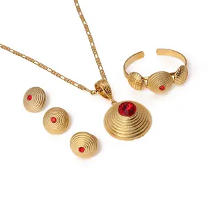 האתיופית זהב צבע אדום אבן שרשרת עגילי טבעת צמיד אריתריאה אפריקה Habesha נשים חתונת תכשיטי סטים
