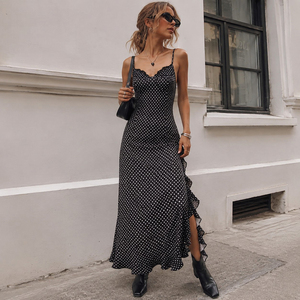 Women's V Neck Polka Dot Maxi Dress <b>Spaghetti</b> Strap Lace Trim Ruffle Hem A Line <b>Long</b> Dress Summer Beach Vacation Party Wear - Product Image 1