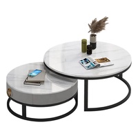 Table basse en bois avec plateau en marbre brillant, design unique, ronde, blanche, avec tiroir de rangement, pour salon, vente chaude, lot de 2