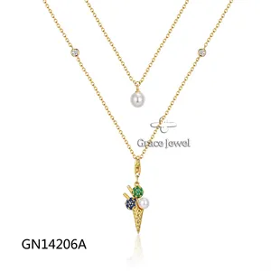 Grace Jewelry Cute Ice Cream Shape Blue Spinel Stone Freshwater Pearl 14K Gold Plated Fashion Vintage Necklace