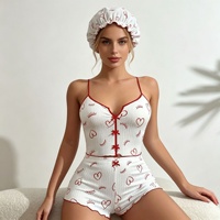 Ensemble pyjama P591 blanc et rouge à imprimé cœurs et cils pour femme, comprenant un caraco côtelé et un short avec bonnet de douche à nœud, vêtements de nuit et de détente