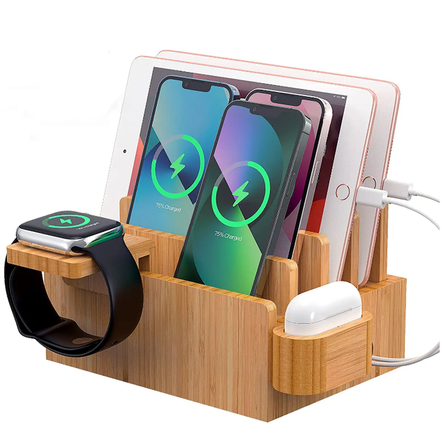 Multi-Device Organizer 4 Compartments Desktop Holder Bamboo Charging Station for Smartphones