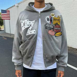 Sweat à capuche lourd de style streetwear avec double fermeture éclair, logo brodé personnalisé, sweat à capuche à double capuche, sweat à capuche ample et délavé, sweat à capuche zippé pour homme - Product Image 2