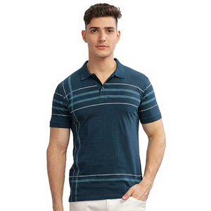 Camiseta de punto para hombre, azul marino, teñida con hilo en la parte delantera, de tejido grueso, manga corta, corte regular, estilo urbano informal - Product Image 1
