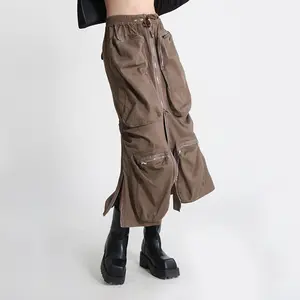 Fashion Cargo Skirt High Split Big Pockets Cyber Y2K Aesthetic Ankle-Length Women'S Zip Midi Skirts