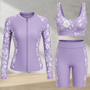 Ensemble de protection contre les éruptions cutanées à manches longues pour femmes, imprimé floral, Spandex, Polyester, séchage rapide, kit d'entraînement à compression, violet - Product Image 5