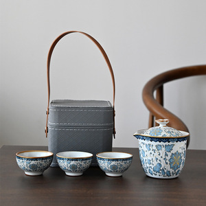 Ru Kiln Portable Travel Tea Set Ceramic Quick Cup Outdoor <b>Camping</b> Leather <b>Storage</b> Bag Luxury Retro Style Personal Gift - Product Image 3