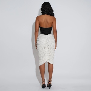 Vestido <span class=keywords><strong>de</strong></span> oficina elegante <span class=keywords><strong>de</strong></span> verano para mujer C7583, con cuello halter, sin espalda, plisado, ajustado, a media pantorrilla, con bloques <span class=keywords><strong>de</strong></span> color y cadera elástica - Product Image 3