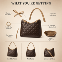 Tas Hobo Wanita Model Quilted, Bahan Kulit Cokelat, Cocok untuk Musim Panas, Dingin, dan Gugur, Dilengkapi Pita, Tali Selempang, dan Ritsleting, Warna Emas