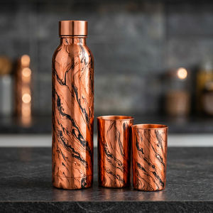 Botella de Agua de Cobre con Estampado de Mármol de Lujo Moderno, con Tapa y Dos Tazas a Juego, Juego de Bebidas Artístico y Portátil - Product Image 1