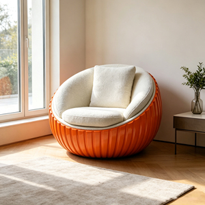 Sillón individual de fibra de vidrio naranja con nervaduras verticales, cojín de bouclé color crema, redondo y cerrado, para sala de estar - Product Image 4