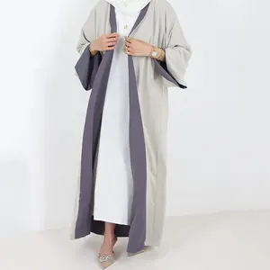 Small MOQ Custom Two-tone Twice Kimono Islamic Clothing Cardigan Muslim Women Dresses Long Sleeve with Slits Modest Abaya