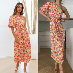 Robe Midi décontractée, asymétrique, épaule dénudée, avec imprimé Floral, pour femmes, tenue de plage, de fête, nouvelle collection été 2022