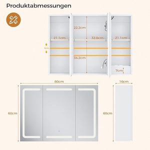 Gabinete de <span class=keywords><strong>espejo</strong></span> de <span class=keywords><strong>baño</strong></span> de <span class=keywords><strong>80</strong></span> <span class=keywords><strong>cm</strong></span> de ancho con iluminación LED, enchufe y 3 temperaturas de color regulables - Product Image 6