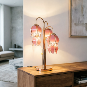 Modern Pink Floral <b>Table</b> <b>Lamp</b> Gold Metal Glass <b>Shade</b> Decorative Bedside Lighting <b>for</b> Bedroom - Product Image 3