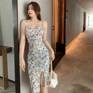 YiXin Women Dresses Floral Sexy Women Summer Casual Midi Sleeveless Slit Backless Korean Dresses Supplier New Fashion Lady Dress