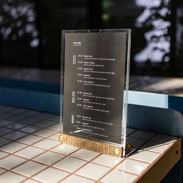 Customize Acrylic Table Sign Holder  Menu Display A5 with Wood Base for Restaurant, Cafe & Bar Acrylic Table Sign Holder