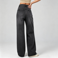 Jean noir délavé pour femme, taille haute, coupe ample, jambe large, extensible, en denim, style décontracté pour tous les jours