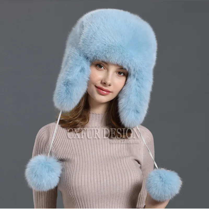 CX-C-132D High Quality Warm Hats with Fur Poms Unisex Fox Fur Russian Winter Hat Ear Flap