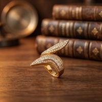 Bague de luxe double feuille en acier plaqué or 18 carats, pavée de zircone cubique, pour femme, bijou de mode pour cocktail et soirée