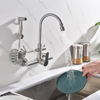 Robinet de cuisine mural en acier inoxydable 304, mitigeur chaud/froid avec bec pivotant et douchette extractible pour lave-linge, balcon, évier
