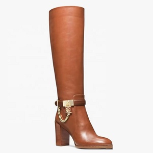 Metal Chain Chunky <b>Heels</b> Long Booties <b>Round</b> <b>Toe</b> Back Zipper Knight Shoes Women Western Style Knee High Boots - Product Image 5