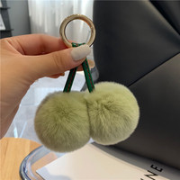 Porte-clés de voiture en fourrure de cerise véritable, style coréen, mignon, avec broderie de boule en peluche, breloque de sac, cadeau d'anniversaire