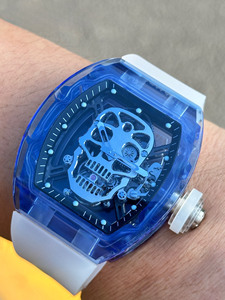 26 Blue Skull Trendy Mechanical <b>Skeletonized</b> Blue Crystal Tourbillon <b>Automatic</b> Mechanical <b>Watches</b> - Product Image 3