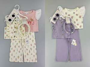J34XL Set Estivo Traspirante Floreale 4 Pezzi per <span class=keywords><strong>Bambina</strong></span>: Gilet con Volant + Maglietta a Maniche Corte + <span class=keywords><strong>Pantaloni</strong></span> Larghi + Fascia per Capelli e Occhiali <span class=keywords><strong>da</strong></span> Sole - Product Image 1
