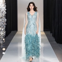 Robe de soirée bleu glacé à plumes, brodée de sequins, col en V, sans manches, vente en gros, sur mesure, OEM, robe de fête