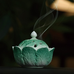 Quemador de incienso de cerámica con forma de repollo, hecho a mano, decoración aromática para sala de té Dehua - Product Image 1