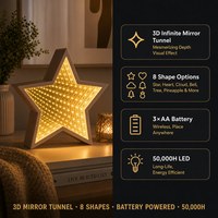 Miroir LED Tunnel Infini 3D Veilleuse 8 Formes Étoile Cœur Nuage Cloche Arbre Ananas 145-250mm Batterie Café Bar Cadeau OEM