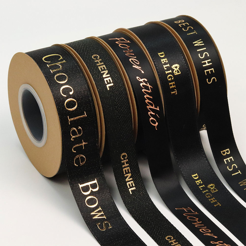 Custom Black Gold Foil Print Gift Wrapping Silk Satin Ribbon with Personalised logo Embossed