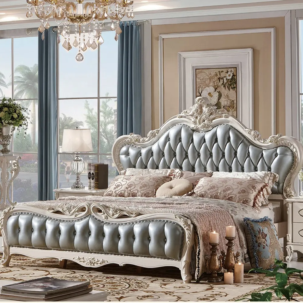 French Royal Style Bedroom Furniture Double Bed Luxury White Wood Carving Frame King Size Leather Bed